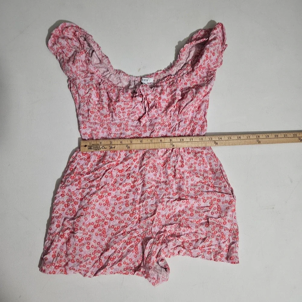 AUW Pink Red Floral Smocked Waist Romper Womens Small Ruffle Neck Short Sleeve